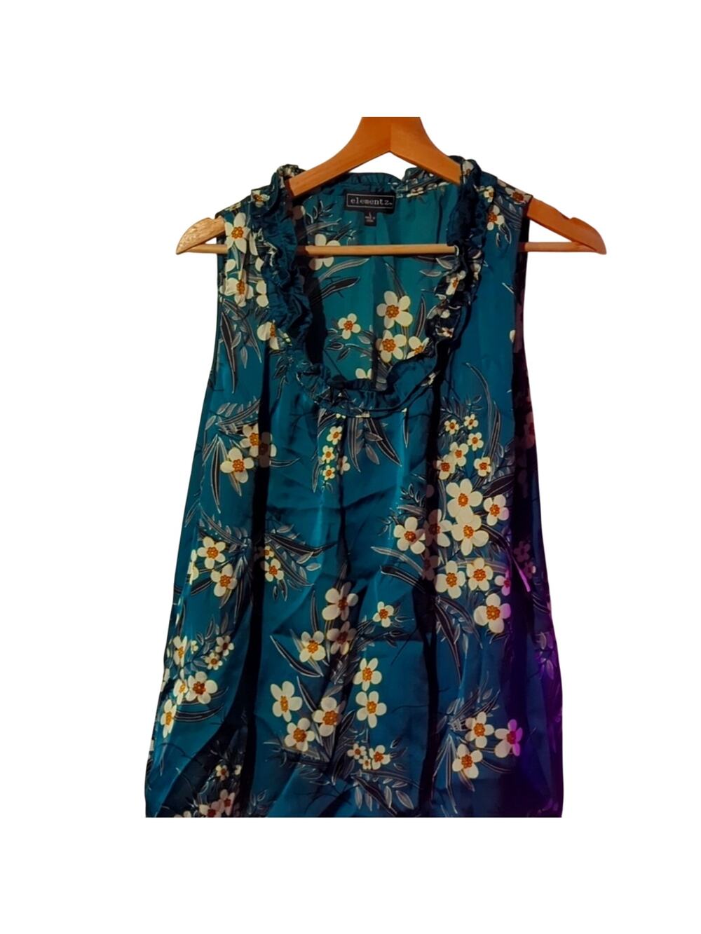 NWT Elementz Large Blue/Green/Teal Floral Ruffle Neck Blouse [0059]